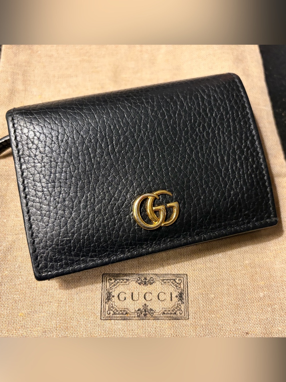 Gucci Black Pebbled Leather GG Marmont Card Case Wallet